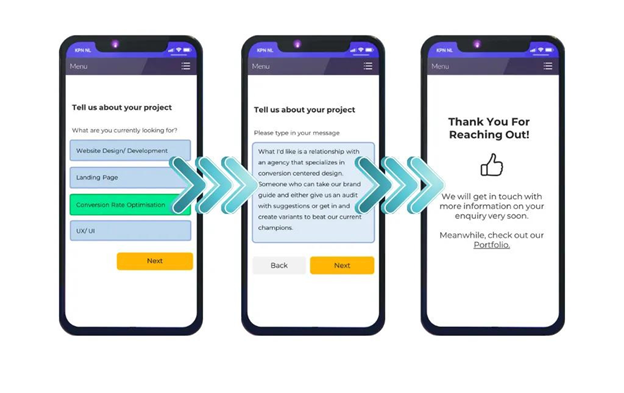Mobile screens showing multi-step lead generation forms with progressive information collection